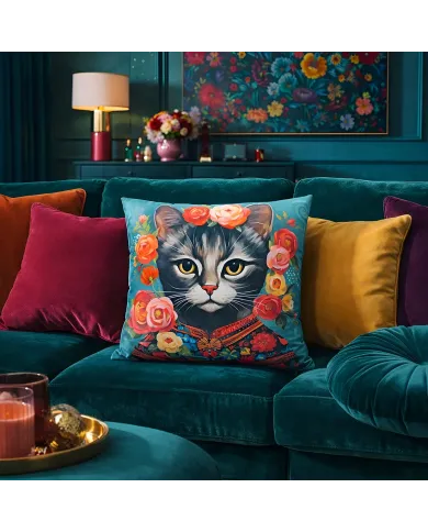 Een levendig kussen katten gezicht  versierd met bloemen op een groenblauwe bank met verschillende texturen en patronen.