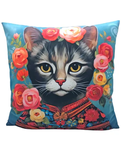 A decorative cushion featuring a stylized cat’s face adorned with vibrant roses and a colourful floral background.