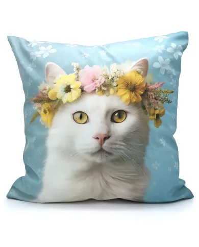 Kat met Bloemenkroon Blauwe Kussen