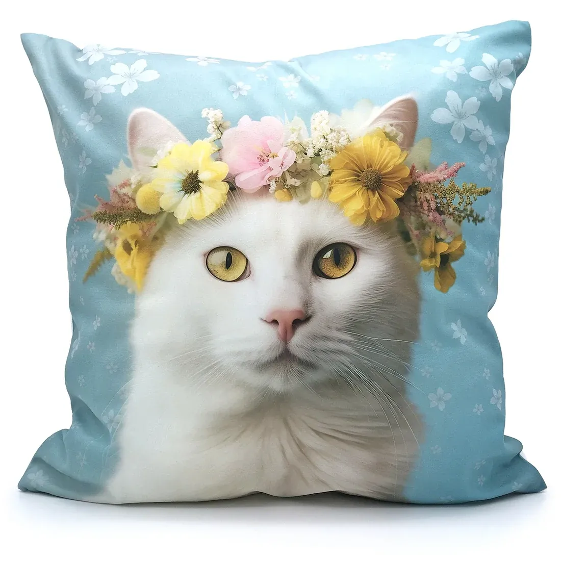 Floral Crown Cat Cushion Blue