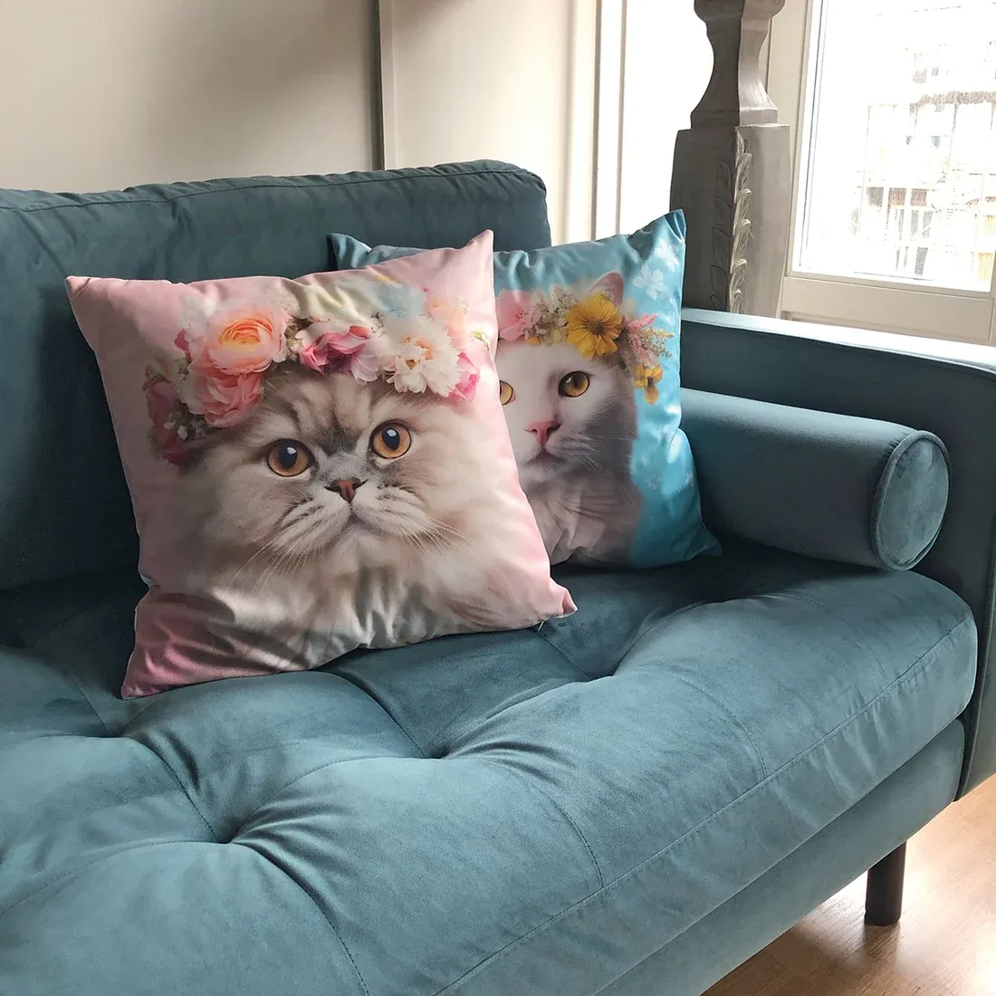 Floral Crown Cat Cushion Pink