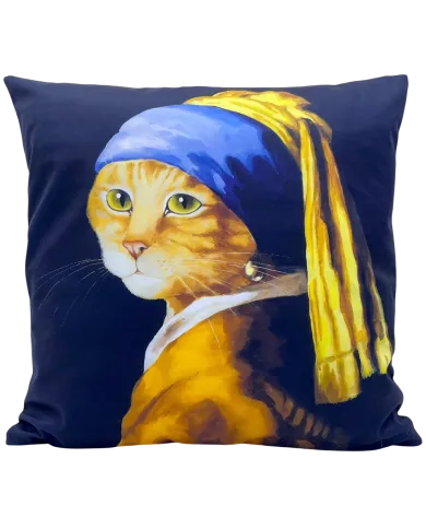 A decorative cushion featuring a cat with a pearl earring and headscarf on a navy background.