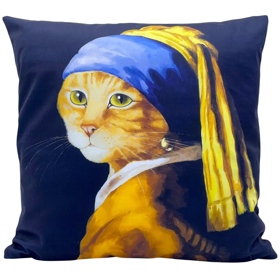 A decorative cushion featuring a cat with a pearl earring and headscarf on a navy background.