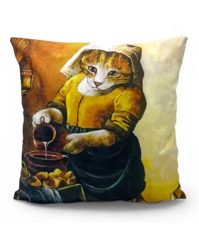 A decorative cushion featuring a cat in a rustic dress, pouring from a pot, resembling a classic painting style.