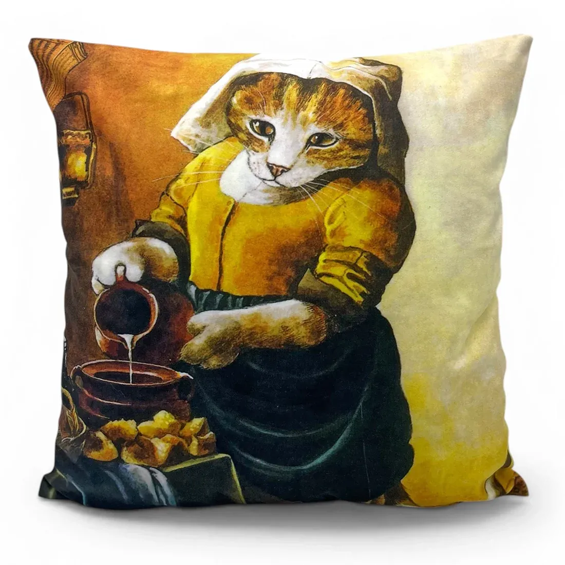 A decorative cushion featuring a cat in a rustic dress, pouring from a pot, resembling a classic painting style.