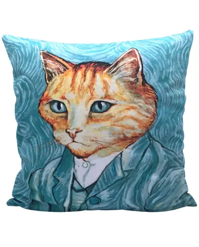 A decorative cushion featuring a cat as Vincent van Gogh against a swirled blue background.