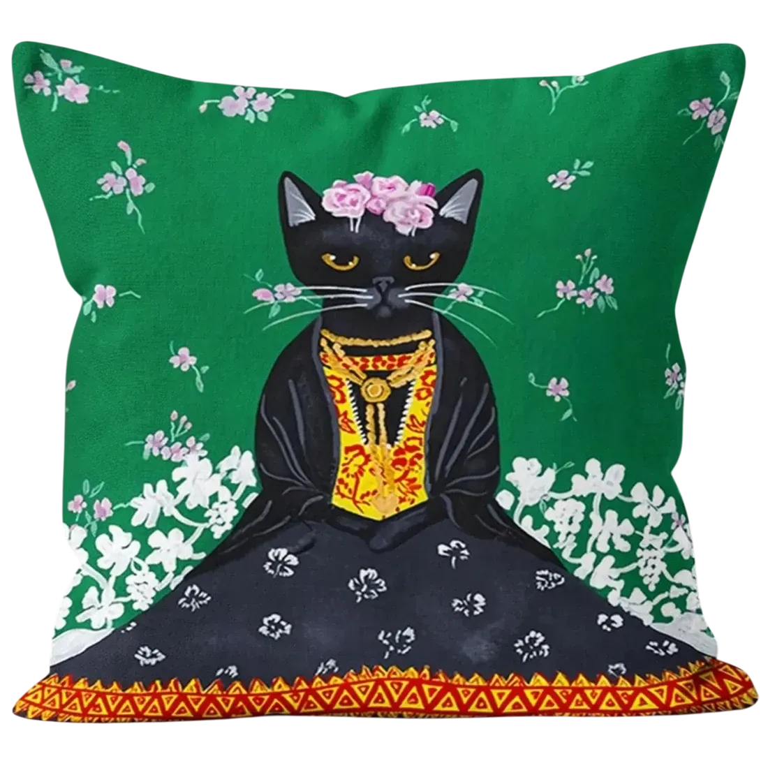 A green cat cushion featuring a Frida Kahlo style black cat adorned with flowers and traditional clothes.