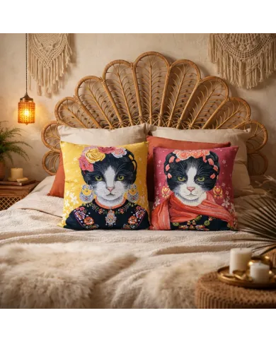 Cat Cushion Cover Frida Kahlo Red - Perfect for cat & art lovers!