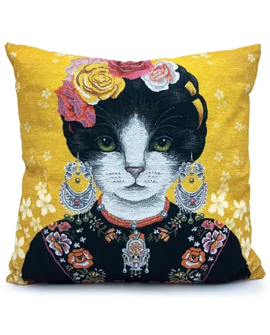 Cat Cushion Frida Kahlo Yellow