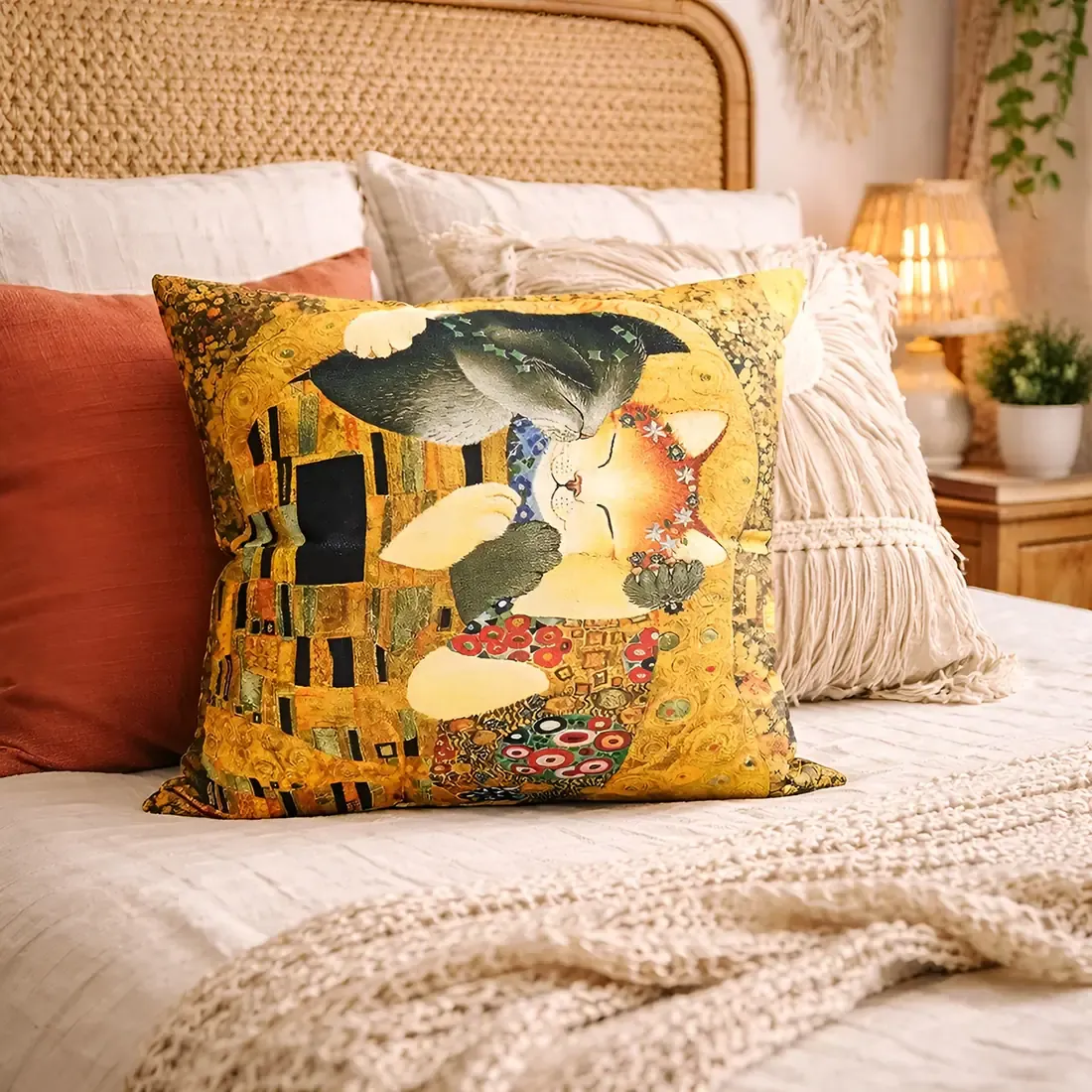 Klimt The Kiss Cat Cushion Cover