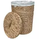 A round water hyacinth laundry basket with white fabric lining and a matching lid.