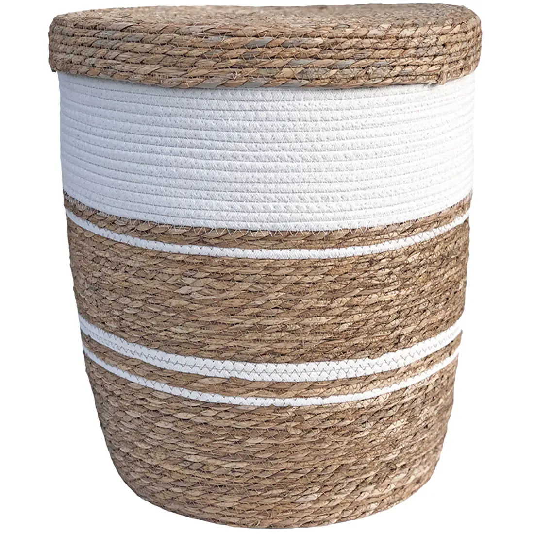 White laundry basket with lid made from natural coloured and white woven seagrass.