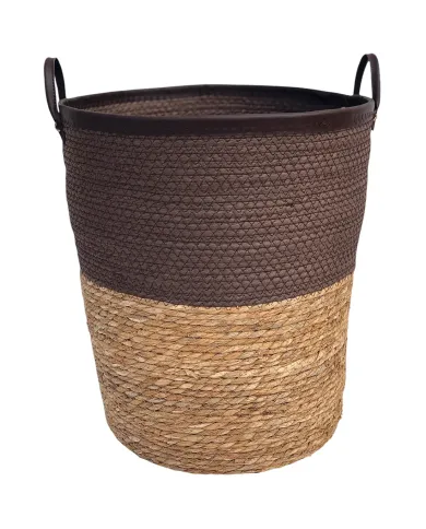 Brown laundry basket made from seagrass with a dark brown top and natural-tone bottom.