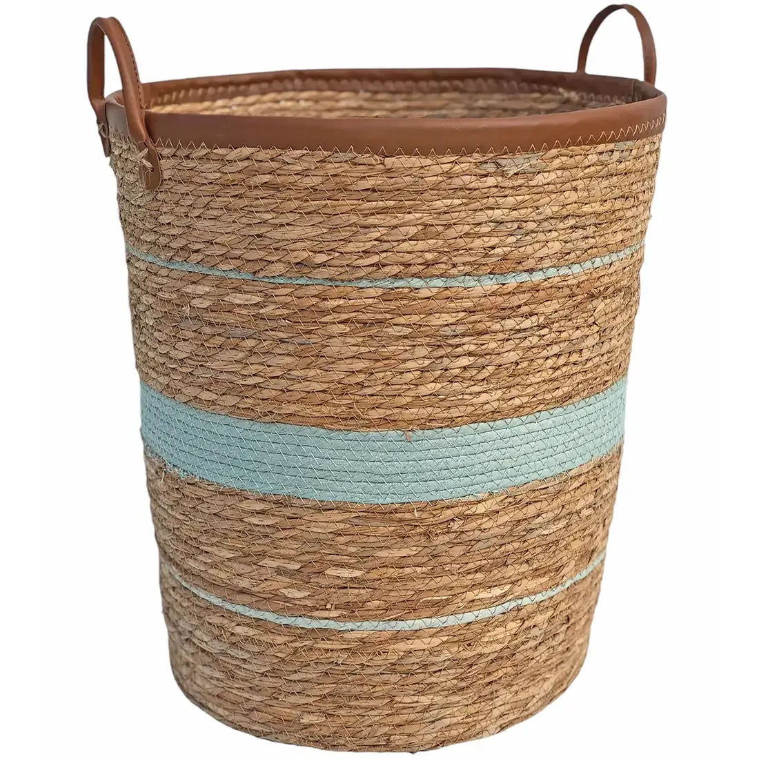 Round laundry basket made from seagrass with blue stripes and faux leather handles.