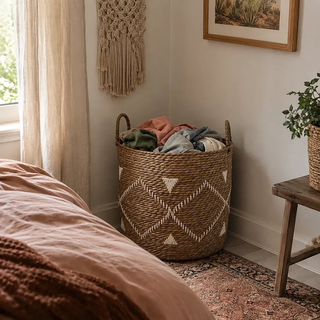 Embroidered Seagrass Laundry Basket - natural storage with boho flair