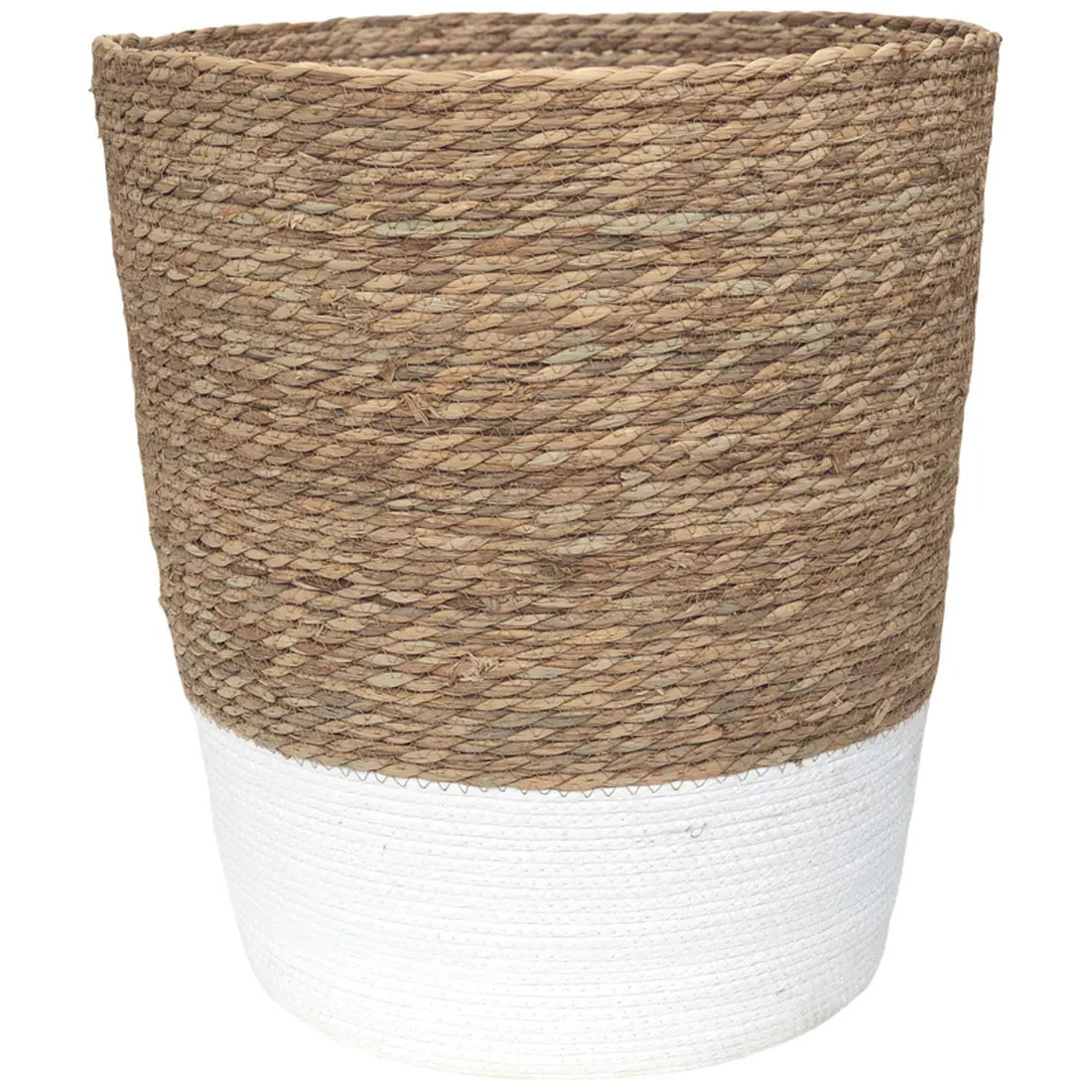 A seagrass laundry basket featuring a natural seagrass upper and a white seagrass bottom.