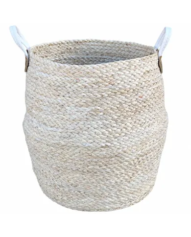 Belly shaped laundry basket in natural fibers, featuring two white handles for easy carrying, ideal for storage or decor.