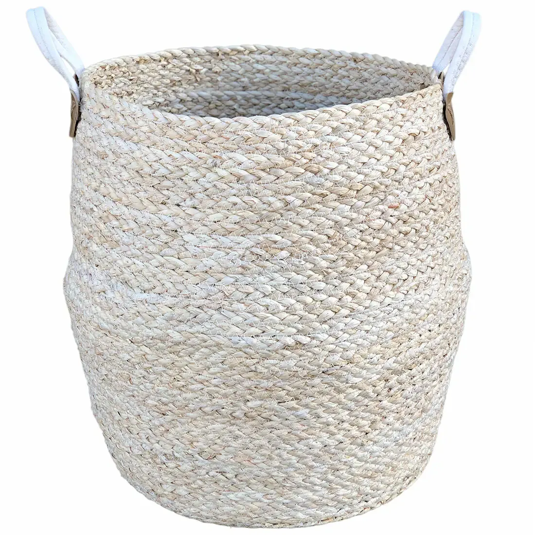 Belly shaped laundry basket in natural fibers, featuring two white handles for easy carrying, ideal for storage or decor.
