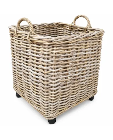 Square basket woven from durable rattan with handles and wheels.