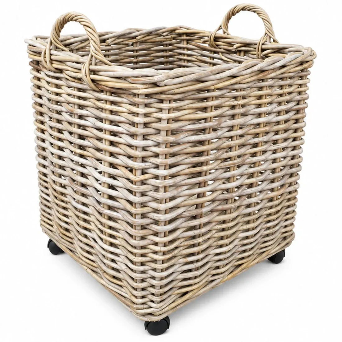 Square basket woven from durable rattan with handles and wheels.