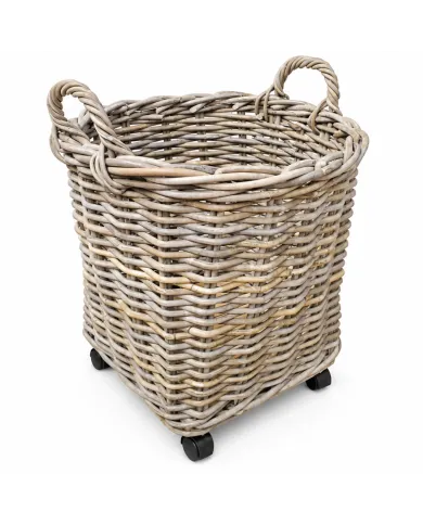Woven round basket with handles on wheels against a white background.
