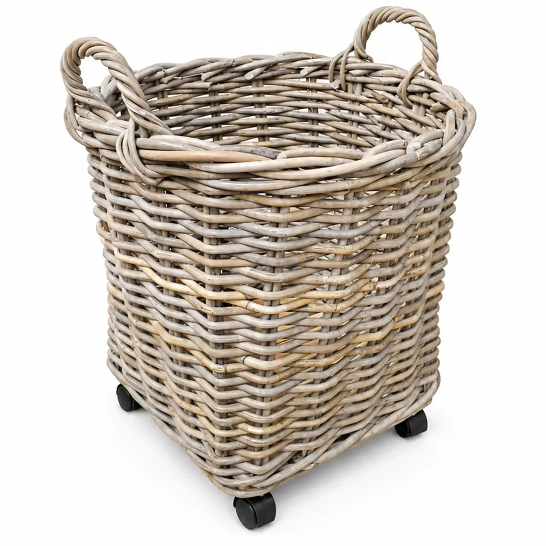 Woven round basket with handles on wheels against a white background.