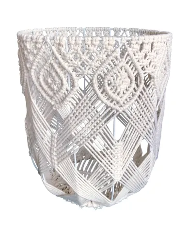 A handmade cream macramé wire basket featuring intricate woven cotton patterns and a decorative design.