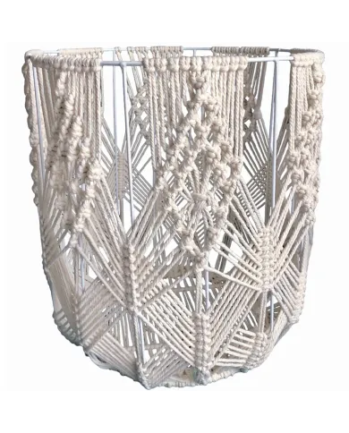 A handmade cream macramé wire basket featuring intricate woven cotton patterns and a decorative design.