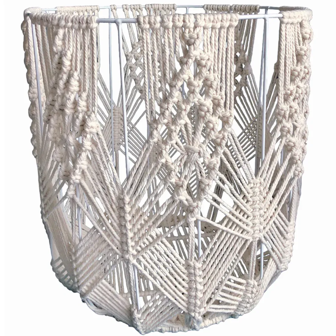 A handmade cream macramé wire basket featuring intricate woven cotton patterns and a decorative design.