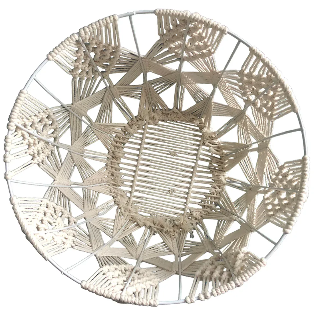 Top view of a macramé wire basket featuring intricate woven cotton patterns.
