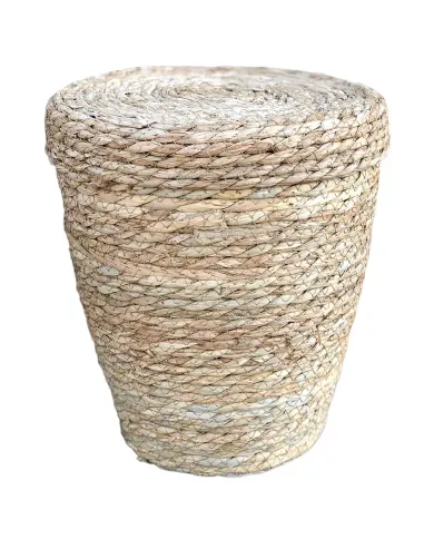 Seagrass waste paper basket with a natural textured finish, featuring a round lid and tapered design.