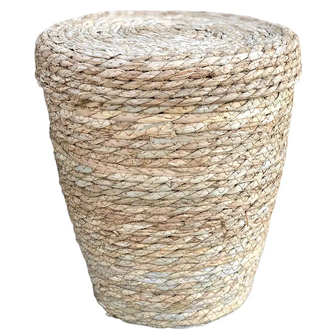 Seagrass waste paper basket with a natural textured finish, featuring a round lid and tapered design.