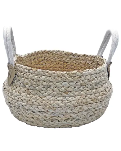 Natuurlijke kleine cadeau mand zeegras met witte katoenen handvatten, buikvormig en perfect voor geschenken.