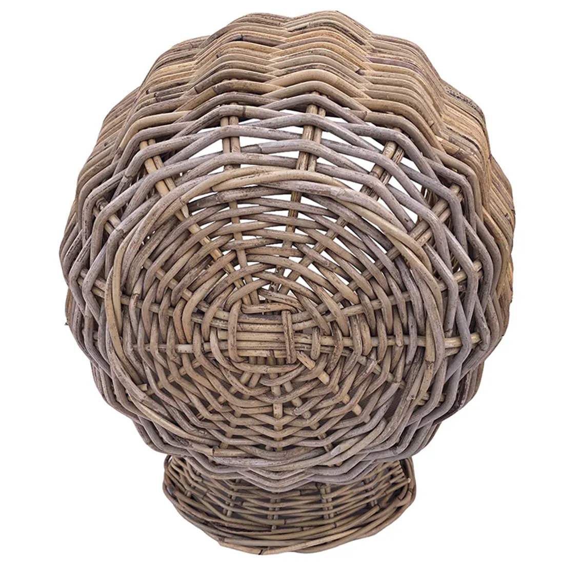 Back view of a rattan cat basket showcasing strong woven rattan.