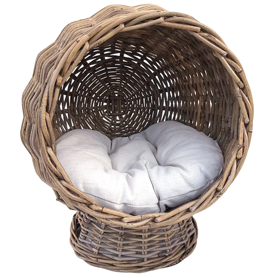 Kubu rattan cat basket with a plush cream cushion inside, offering a stress-free hideaway for cats.