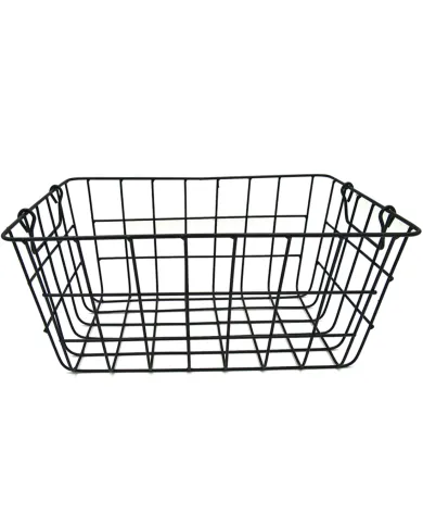 Black wire storage basket with a rectangular shape and an open structure, ideal for organizing items in any room.