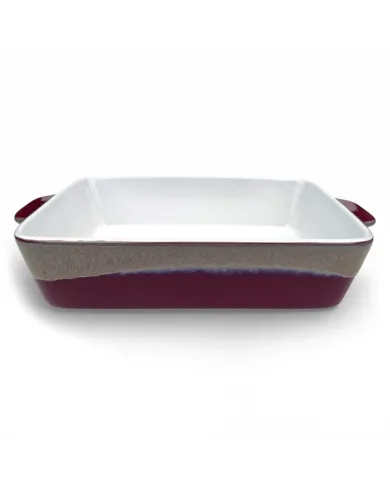 A rectangular oven dish with a glossy white interior and a bordeaux red reactive glaze exterior.