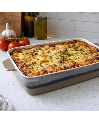 Baked lasagna served in a reactive glaze oven dish, surrounded by fresh tomatoes, garlic, and olive oil.