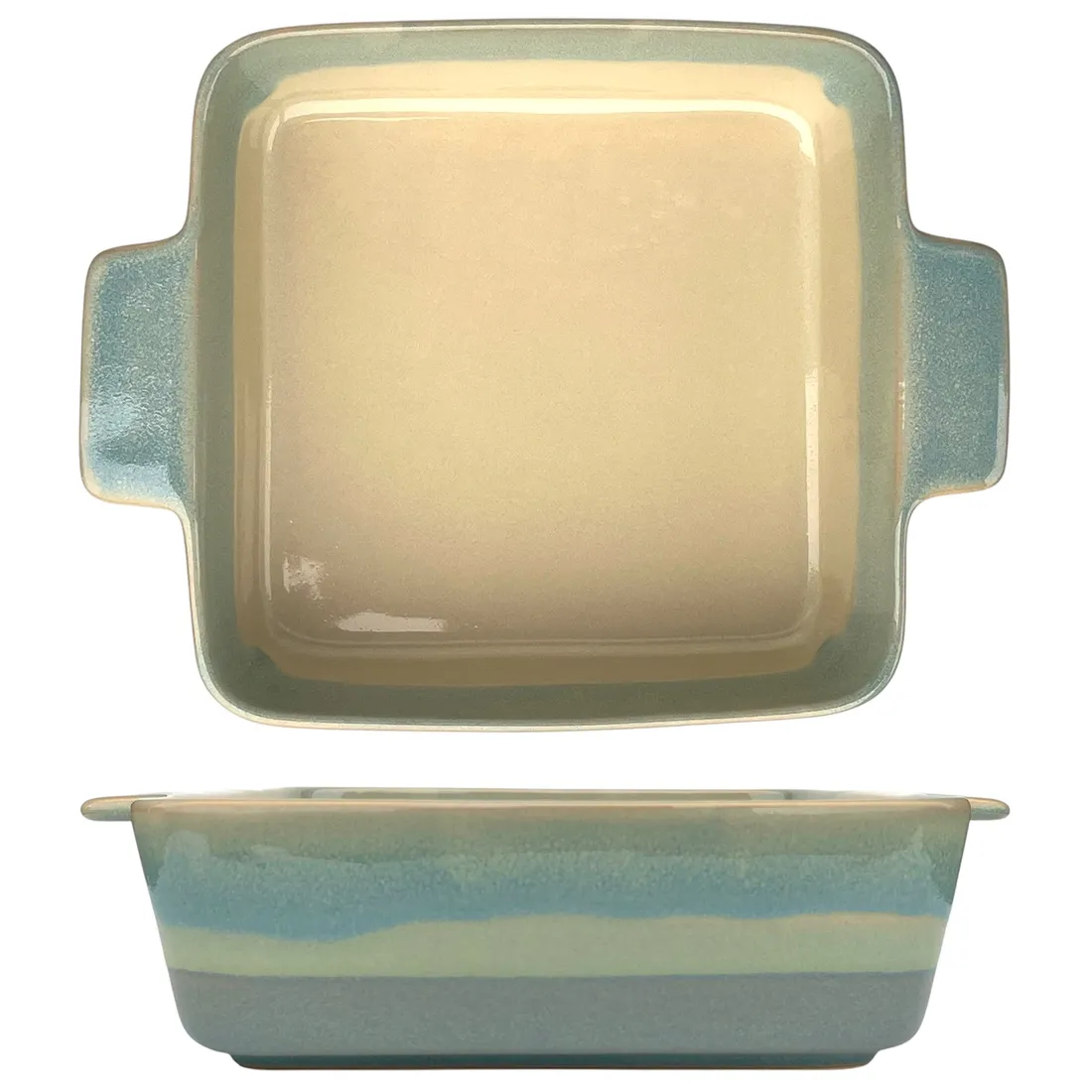 Een blauwe vierkante ovenschaal met blauw en crèmekleurig kleurverloop, voorzien van twee handvatten voor gemakkelijk gebruik.