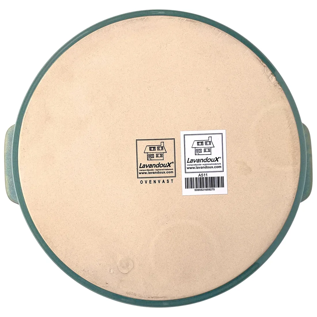 Bottom view of a Lavandoux round oven dish featuring a product label and barcode.