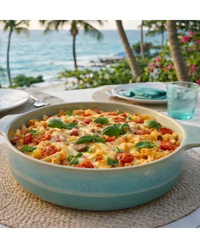 A round oven dish with a pasta bake, set against a Caribbean ocean view.