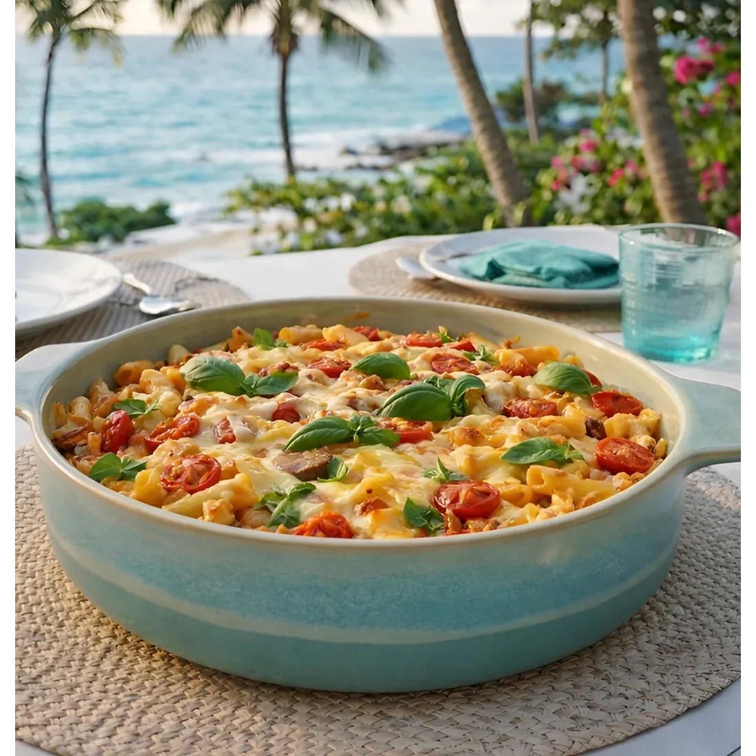 A round oven dish with a pasta bake, set against a Caribbean ocean view.