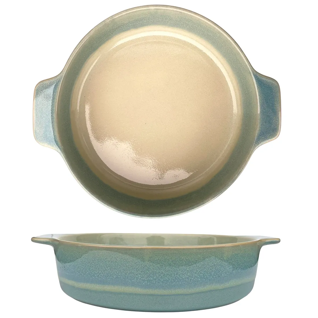 A round oven dish with blue and cream gradient, featuring two handles for easy handling.