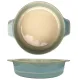 A round oven dish with blue and cream gradient, featuring two handles for easy handling.
