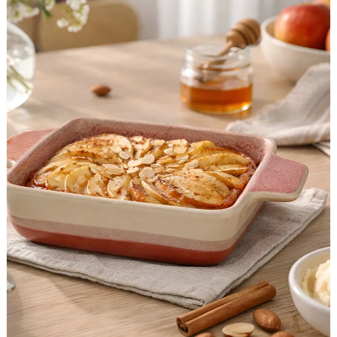A square oven dish filled with an apple pie, alongside honey and a bowl of apples.