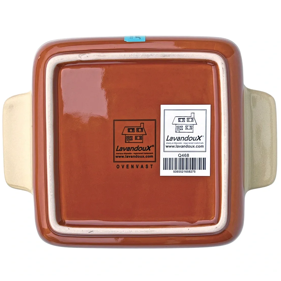Bottom view of a Lavandoux square oven dish featuring a product label and barcode.