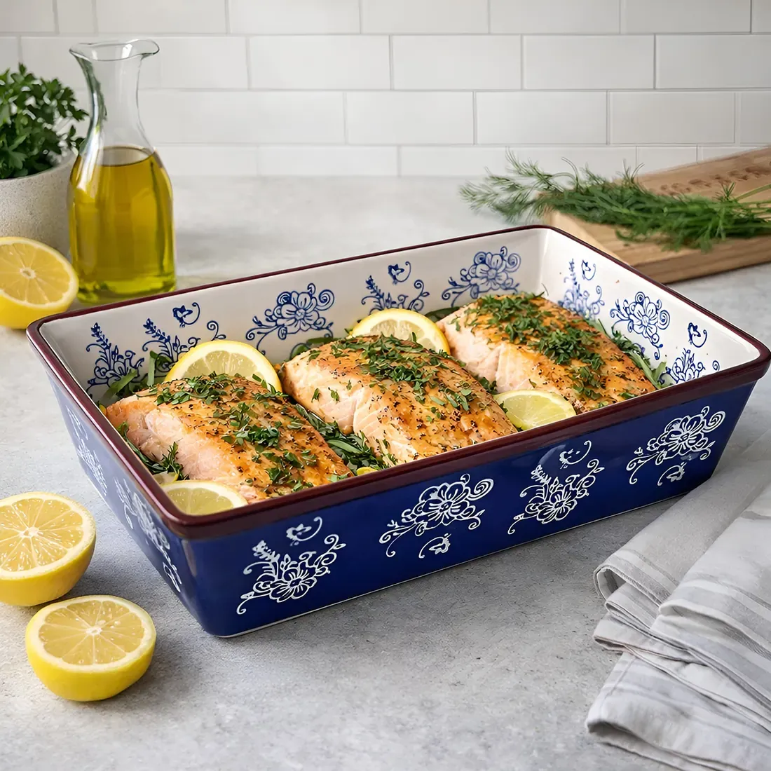 Oven Dish in Floral Lace Blue - hand-crafted kitchenware