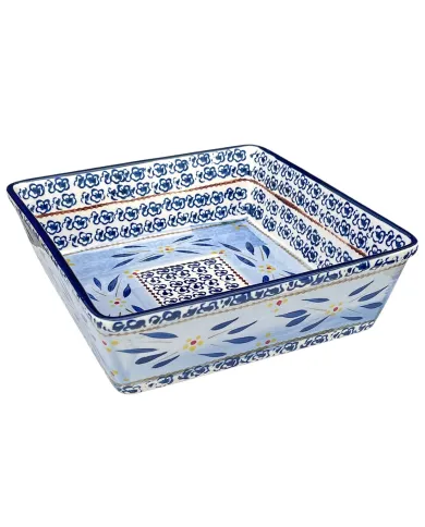 Square oven dish featuring intricate blue and yellow floral patterns.