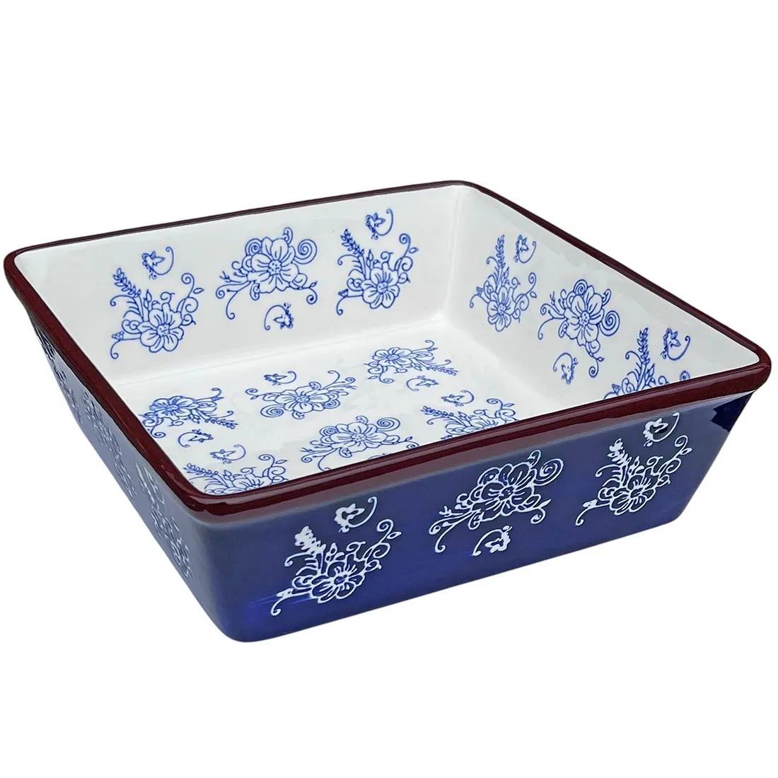 Square ceramic dish with intricate blue floral patterns on a white background.