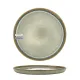 A round, limited edition bohemian side plate with a soft grey glaze and a blue rim.